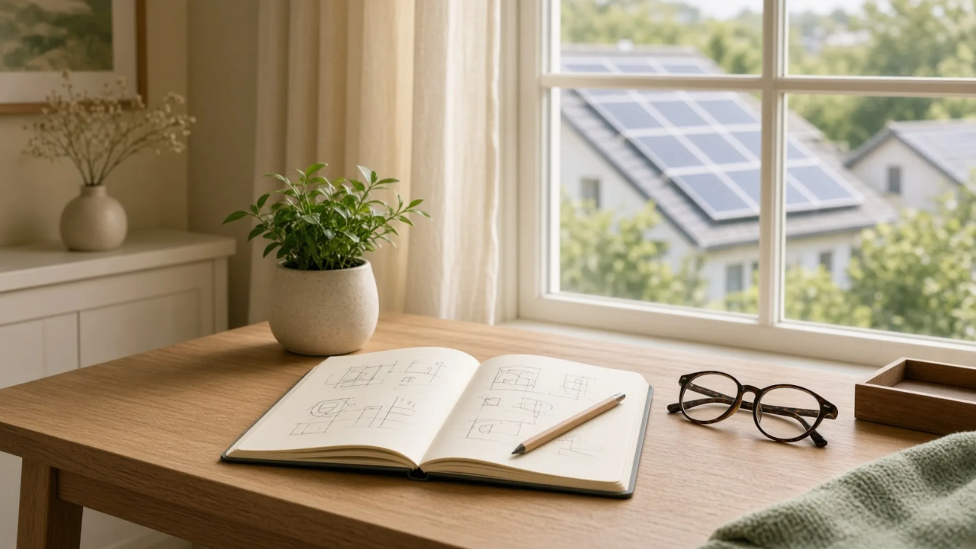 Home desk with notebook, pencil, and reading glasses; solar panels visible through the window