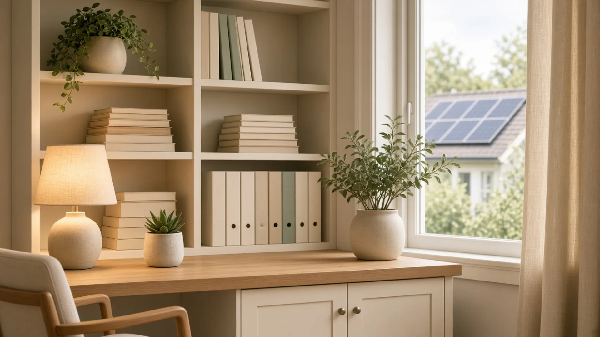 Organized home office shelf with binders, desk lamp, and solar panels seen through the window