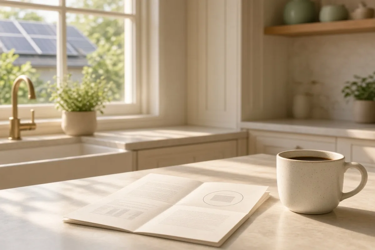 Utility statement opened on a kitchen counter beside a coffee mug, with pencil marks on one section