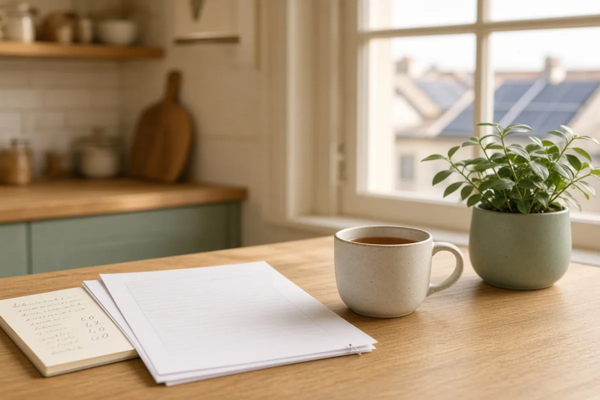 Printed forms and handwritten notes on a kitchen table beside a mug of tea, with roof panels visible outside