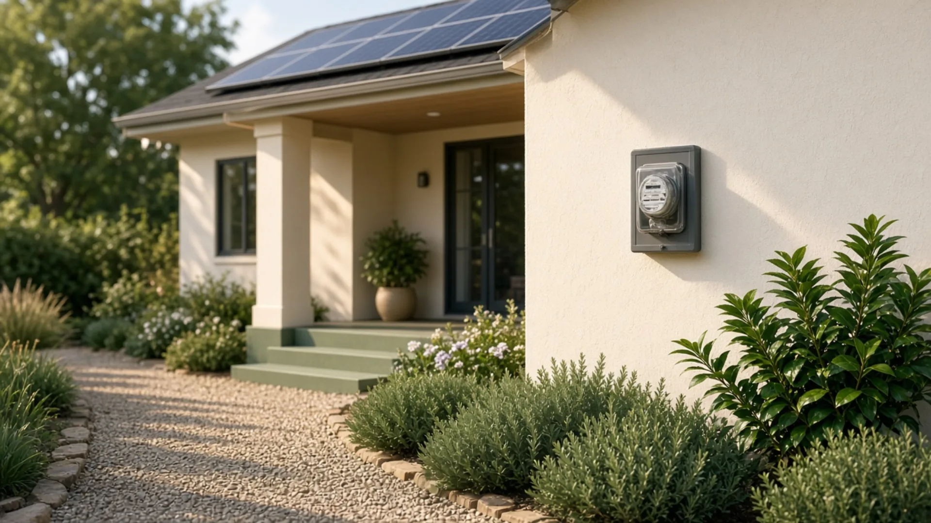 Suburban home with rooftop solar panels and a utility meter beside the covered porch in afternoon light