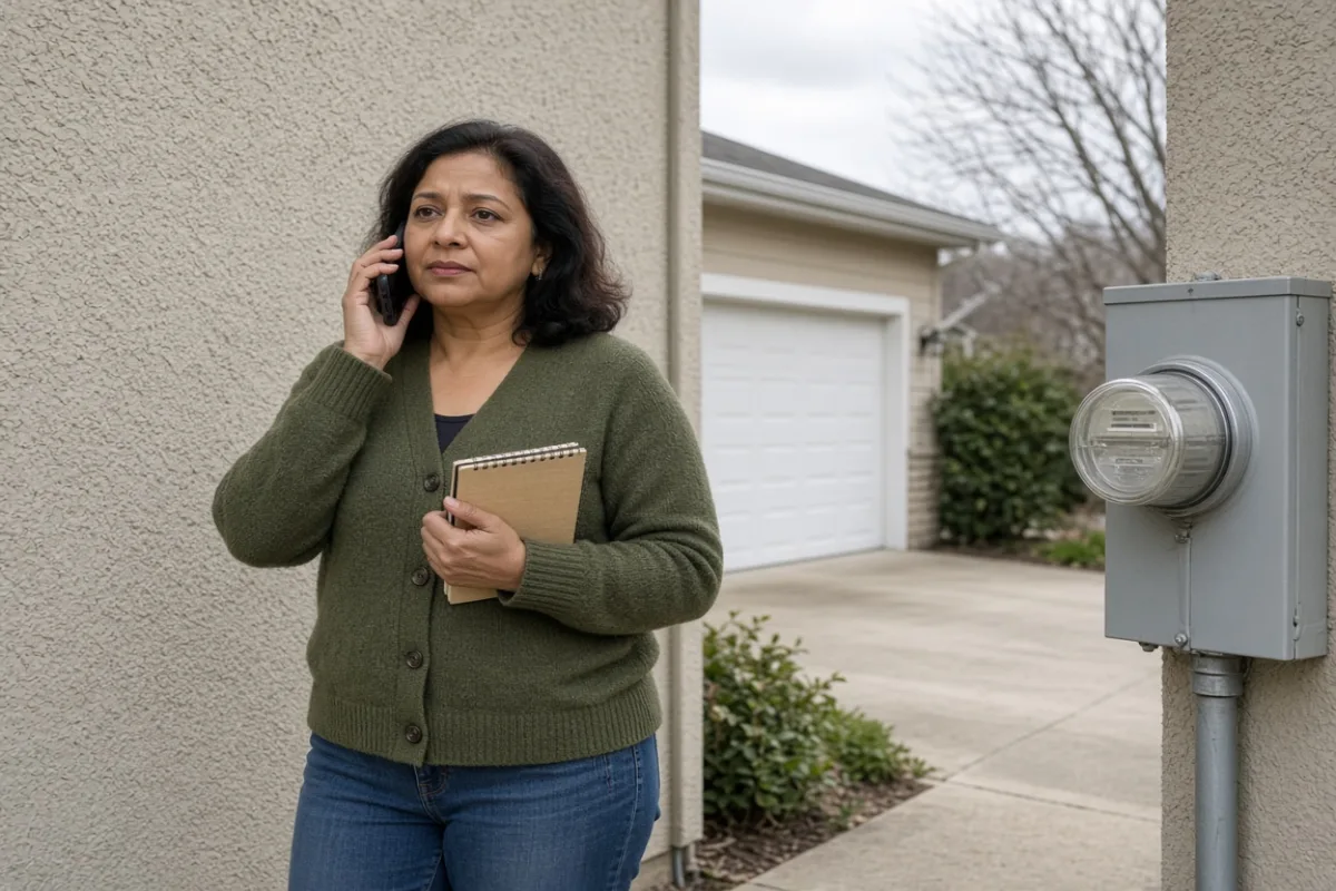 Homeowner on the phone beside an exterior utility meter, notepad under one arm, suburban driveway behind