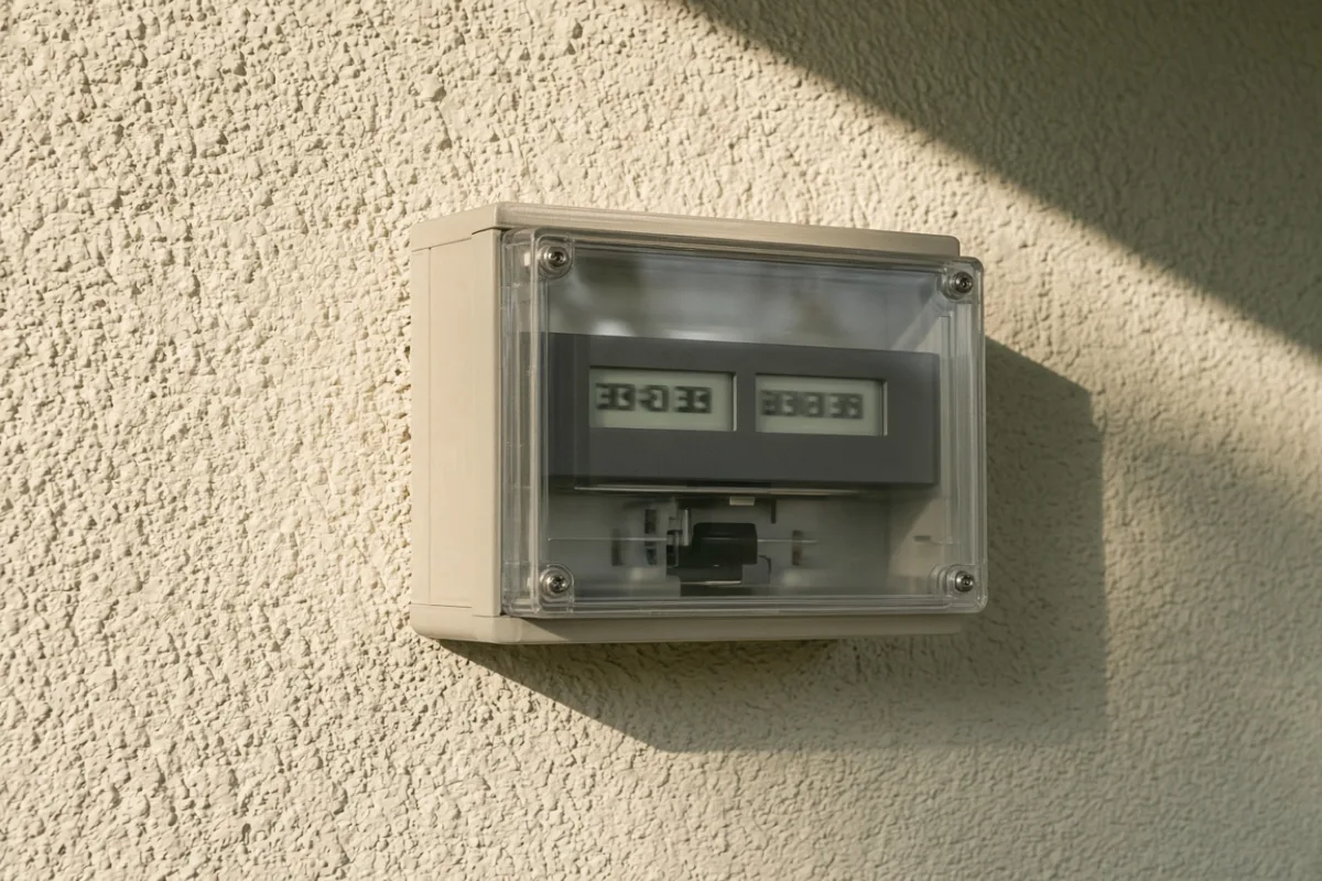 Close-up of a bidirectional utility meter with digital displays on an exterior stucco wall