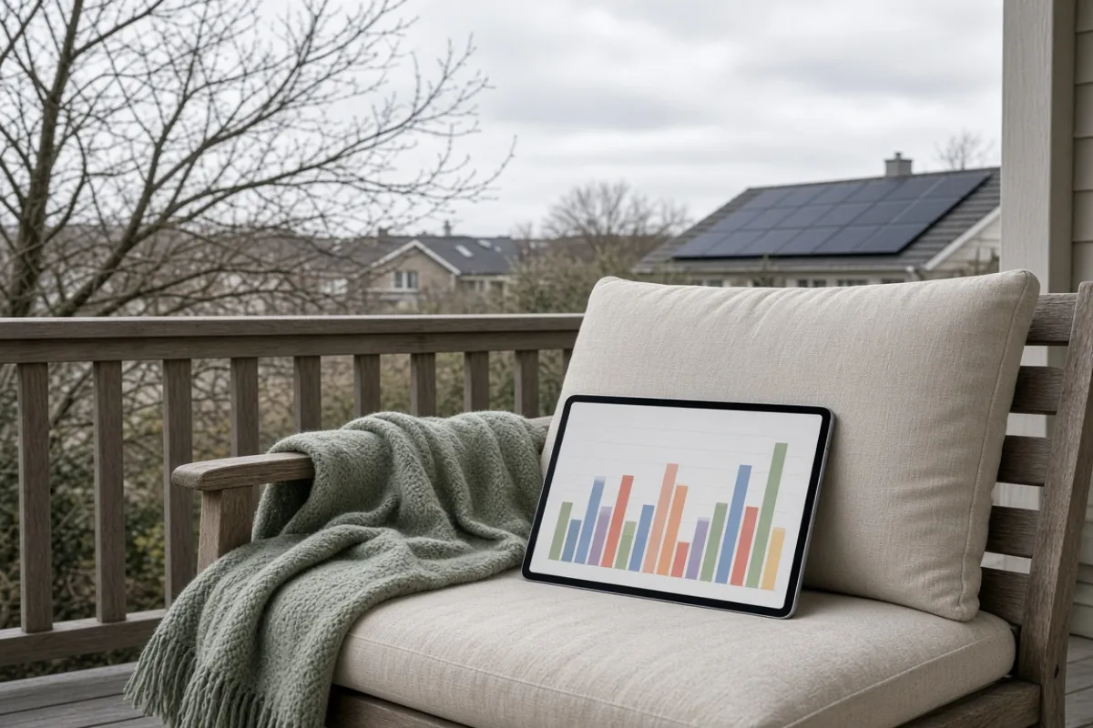 Tablet on a porch chair showing a low winter production chart, bare trees and cloudy sky beyond the railing